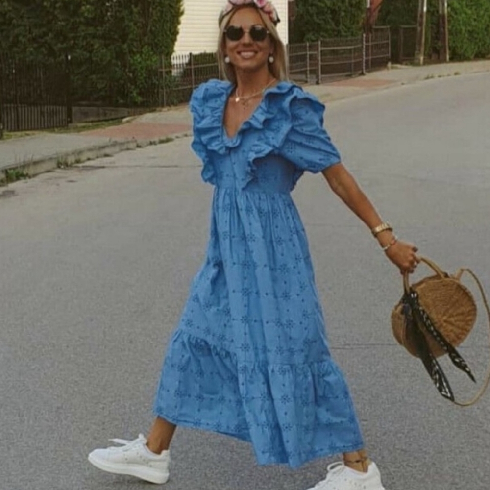 Zara * openwork embroidered dress boho flowy blue size xs - Picture 4 of 11